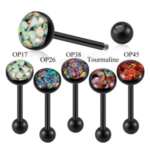 1Piece Opal Stone Tongue Barbell Black Plated Stainless Steel Fashion Tongue Piercing  Rings  Jewelry 14G