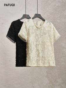 PAFUQI | Elegant Beaded Tassel Lace Short Sleeve Womens T-shirt