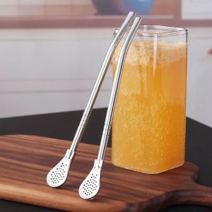 Stainless Steel Straw Spoon And Cleaning Brush Drinking Spoon Straws With Filter Metal Stirrer For Coffee Loose Tea Cocktail