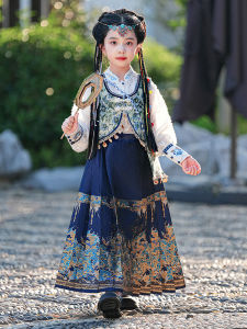 Girls Ethnic Style Gold Horse Tunic Suit Set Three-Piece Childrens Traditional Chinese Costume High-End Hanfu Wardrobe Essential
