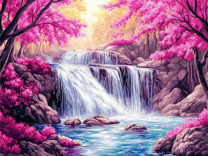 HUACAN Diamond Painting Waterfall Landscape Diamond Art Painting Rhinestones Complete Kit Cherry Blossom Tree Nature Home Art