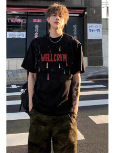 Black American Streetwear Heavyweight Short Sleeve T-Shirt Men Summer Design Unique Street Fashion Pure Cotton Top