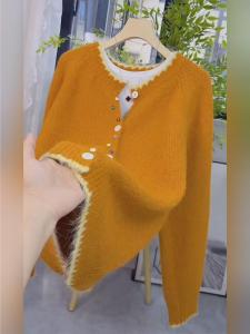 Spring Autumn 2025 Womens Loose Knitted Cardigan Sweater Orange Color Block Cashmere Coat with Colorful Buttons Korean Style