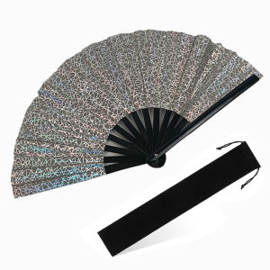 Quạt Xếp Lấp Lánh Cầu Vồng Có Túi Đựng Bằng Nhung Họa Tiết Hình Học Dùng Cho Lễ Hội Rave Quạt Trang Trí Di Động