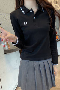 เสื้อยืดคอโปโลผู้หญิงแขนยาวทรงหลวมปักลายฤดูใบไม้ร่วง/ฤดูหนาวเสื้อเชิ้ตพื้นฐานสีพื้นสไตล์สตรีทสำหรับวัย 25-29 ปี