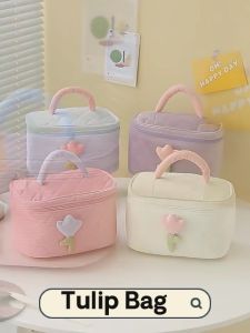 Ready Stock Cosmetic Tulip Bag Tote Canvas Plaid Waffle Pouch Basket Ins Cream Pink Pencil Box Case Student Women Shoulder Flower Ins Beige Cream Pink Blue Coco Aesthetic School Casual Simple Girl Boy Comfortable Modern Classic Cute Pretty Cozy Ikea