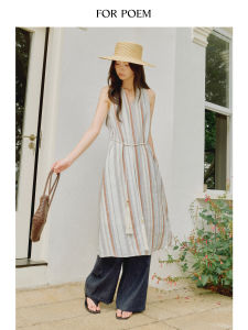 ForPoem Original Design 100% Linen Stripe Loose V-neck Sleeveless Hanging Neck Dress Womens Long A-line Skirt Style Summer Dress