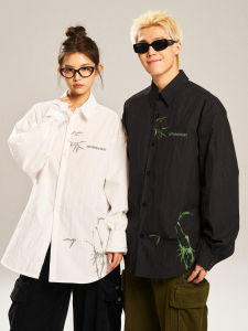 NSTNEW START Bud Plan Bamboo Shadow Print Embroidery Casual Black White Mens Shirt Loose Fit Youth Trend Cotton Nylon