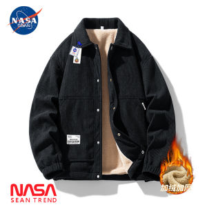NASA Collaborative Corduroy Jacket Mens Autumn Winter Thickened Fleece Collar Workwear Jacket Trendy Outerwear for Teens