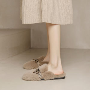 Furry Slippers Womens Winter Postpartum Slip-On Lazy Shoes Warm Cozy Booties Korean Style Flat Bottom Rubber Sole Shoes