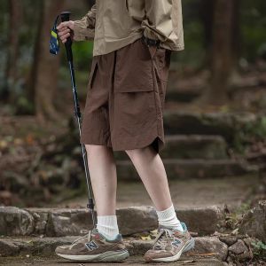 Khaki Workwear Short Pants Men Summer Thin Ice Silk Quick Dry Loose Casual Multi Pocket Pants Youth Trend Polyester Fiber