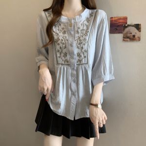 Áo Blouse Vintage Thêu Tay 7/8 Tay Hè
