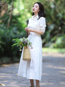 French Vintage White Shirt Dress Commute Mid-Length Slimming Womens Elegant Summer Dress Polyester Fiber Short Sleeve