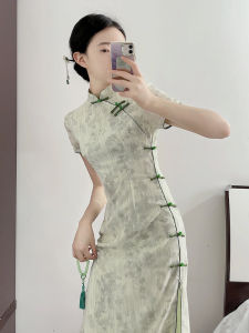 Elegant Young Style Chinese Retro Fit Dress Womens Daily Wear Short Sleeve Long Qipao Slant Collar Breathable Comfortable