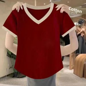 QIAOXIZI | Áo Thun Nữ Cổ V Tay Ngắn Dễ Dàng và Che Khuyết Điểm