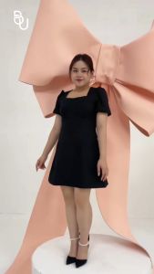 Đầm cổ lục giác khoét lưng phối nơ trắng BIGSIZE (55kg đến 95kg) - 23SD31 - [BUstu Bigsize]