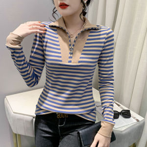 Thời Trang Sành Điệu Khóa Kéo Áo Thun Sọc Dài Tay Nữ Mùa Thu Mùa Đông翻领打底shirt Châu Âu Thiết Kế Ôm Vừa Vặn Thoải Mái Áo