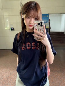 Loose Fit Pure Cotton Short Sleeve T-Shirt in Indigo Blue for Women Summer Fashion Brand Printed round Neck Top Korean Style