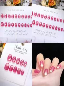 24/30pcs short fake nails for women girl glass glossy cat eyes pink wine red yellow olive Square almond tips press on false nail