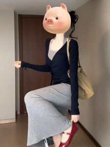 PEIZIXUAN | Đầm Màu Xám Dài Kiểu Dây Kéo Slim Fit