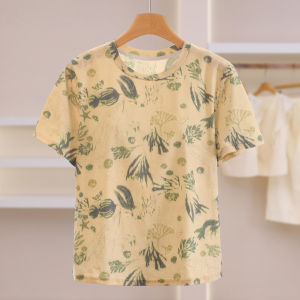 Cultural Botanical Print Round Neck Short Sleeve T-Shirt