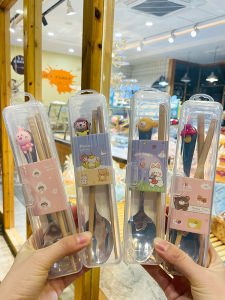 ชุดตะเกียบและช้อนสแตนเลสแบบพกพาสำหรับเด็กและนักเรียนวัยรุ่น ชุดอาหารสำหรับเดินทาง ชุดเครื่องมือกินข้าวที่น่ารักและสวยงาม