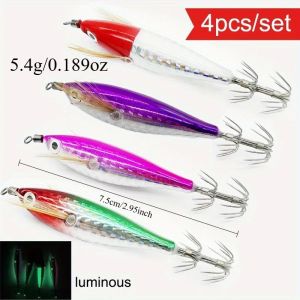 Ackibbik 4pcs Luminous Horizontal Squid Jig Saltwater Squid Glow Jigs Horizontal Sea Shrimp Jig Lure Cutlassfish Fishing Octopus