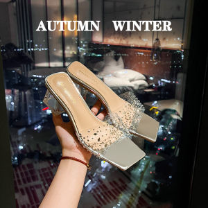 French Transparent Womens Sandals Internet Celebrity with Classy High Heels Thick Heel Crystal Slippers Plus Size Womens Shoes 41-43