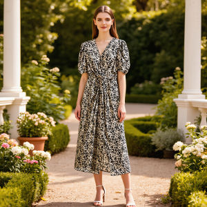 Elegant Split Waist V-neck Floral Dress Long