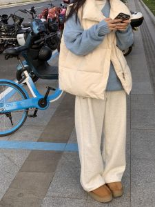 กางเกงกีฬาผู้หญิงสีขาวเทา ทรงหลวม กางเกงขายาวทรงตรง ผ้าฝ้ายผสมโพลีเอสเตอร์ กางเกงขายาวทรงหลวมสบายๆ ฤดูใบไม้ผลิและฤดูใบไม้ร่วง