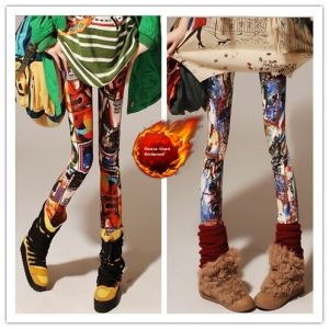 Womens Autumn Winter Fleece Lined Printed Slimming Versatile Trousers Fashionable Colorful Elastic Long Pants Base Layer
