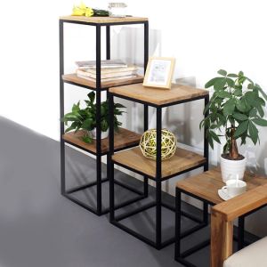 Wrought Iron Solid Wood Partition Storage Rack Living Room Multi-Layer Storage Storage Rack Floor Flower Stand Display Bookshelf Article Storage Shelf