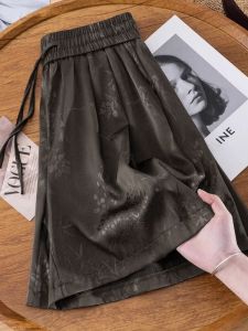 New 2025 Womens Dyed Shorts Thin Ice Silk Wide Leg Elastic Waist Five-Quarter Length Summer Casual Pants Simple Design