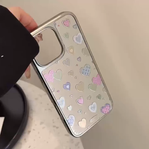 Full screen color heart-shaped bubble mirror phone case for iPhone 13 14 15 16 Pro Max casing Plated frame anti-drop hard cover for iPhone 16 Pro Max case