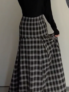Chân Váy Dài Phong Cách Plaid Cao Waist A-line Rộng