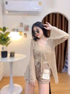 🌈 MesubShop 🌈 เสื้อคลุมทอลายตาข่าย มีเชือกผูกหน้า 💌 งานใส่เที่ยวทะเล รุ่น ปตท B-030-3-B