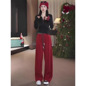 Fashionable Sportswear Set Womens High Waist Wide Leg Pants Two Piece Suite Casual Spring Autumn Cotton Long Sleeve V Neck