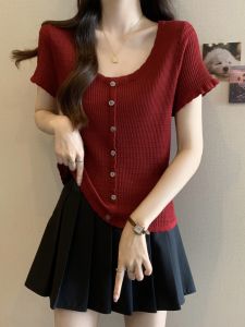 Red U-Neck Short Sleeve Ice Silk T-Shirt Women Summer plus Size Slimming Age-Defying Top Belly Concealing Elegant Cute Shirt