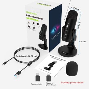 Haomuren USB Microphone for PC Mac Gaming Recording Stream Podcast Computer Condenser Mic with Phone Adapter Headphone Output