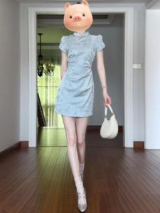 CHANGTONG | New Chinese Style National Trend Cheongsam Young Girl Small Size High Sense Embroidery Waist Cinching Dress Hollow Out Short Sleeve