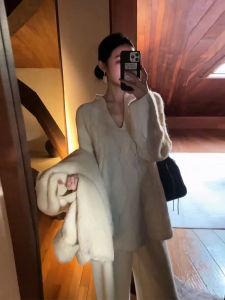 Bộ Đồ Hai Mảnh Phong Cách Hàn Quốc Mùa Xuân Thu Rộng Rãi Cổ Chữ V Váy Công Sở Dài Thường Ngày Chất Liệu Polyester