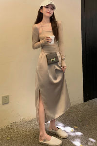 Elegant French Early Autumn Long Dress Womens Beautiful Strap Design High Waist Korean Style Commute Cotton Blend Fabric