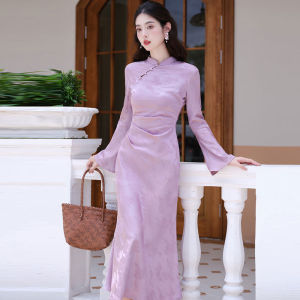 CHANGTONG | Retro Style Young Womens Cheongsam Dress New Chinese National Fashion High End Personality Long Sleeve Stand Collar Gown