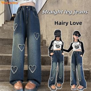 Rolanko Kids Girls Denim Wide-Leg Jeans Straight Hairy Heart Pants Baggy Elastic Waist Trousers Daily Casual Wear