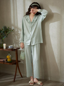 Princess Mark Ice Silk Sleepwear Womens Spring Summer Lightweight Long Sleeve Home Clothes  Green Color Sweet Style