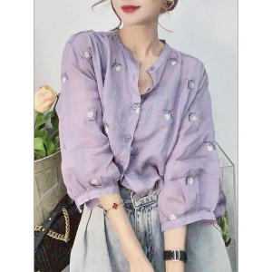 QINGNAER | Retro Printed Loose Plus Size Button Down Shirt