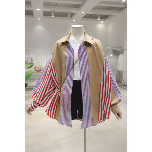 เสื้อเชิ้ตแขนยาวผู้หญิงทรงหลวมสไตล์เกาหลี ทรงเข้ารูป ทรงยาวคลุมสะโพก ผ้าฝ้ายลายทาง ทรงหลวม สไตล์ฤดูใบไม้ร่วง