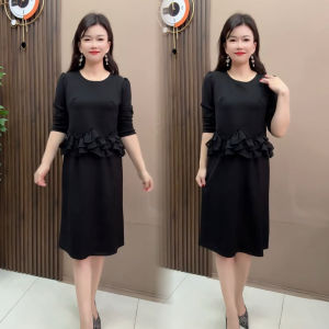 ชุดเดรสยาวทรงเอแขนยาวหลวมๆ คอกลมสไตล์เกาหลีสำหรับฤดูใบไม้ร่วงปี 2025 เดรสยาวคลุมเข่าทรงเอ