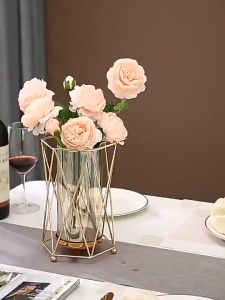 Vase Handmade Metal Glass Crafts Indoor Home Hotel Decor Geometric Statues Party Decor Gold Ornament Modern Nordic Light Luxury Alloy Wrought Iron Water Flower Arrangement Props Hydroponic Dining Table Living Room Decorative Glassware Ornaments Artificial