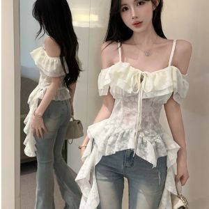 GUZILIAN | French Sweet Shoulder Bared Lace Top Slim Fit Irregular Design Korean Style Polyester Fiber Bell Sleeve One Piece Spring Fashion